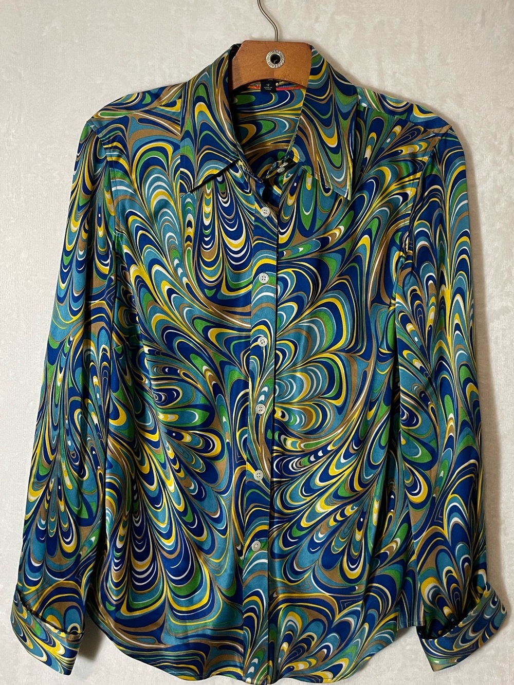 Vintage Hilfiger Vibrant Swirl Print SilkButton-Up Blouse - Blue/Green/Yellow